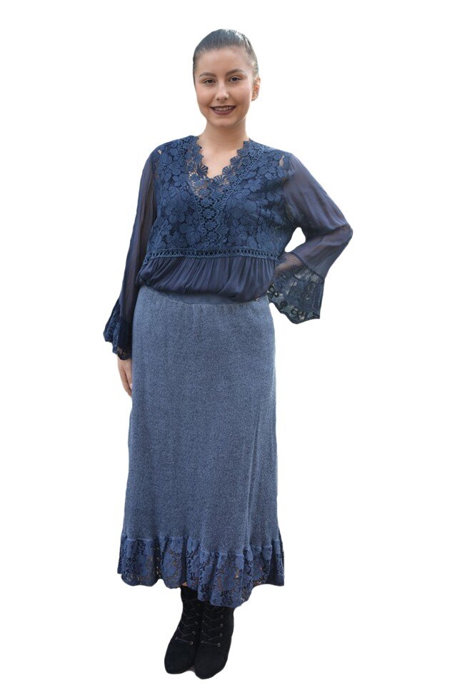 Fusta Ava lunga din tricot si insertii de dantela,D&J Exclusive, Albastru marin