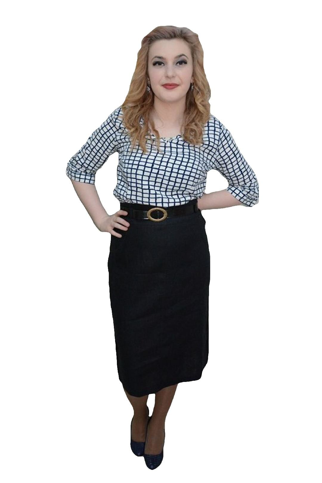 Fusta eleganta, insertii de cusaturi albe, masura mare, D&J Exclusive, Negru