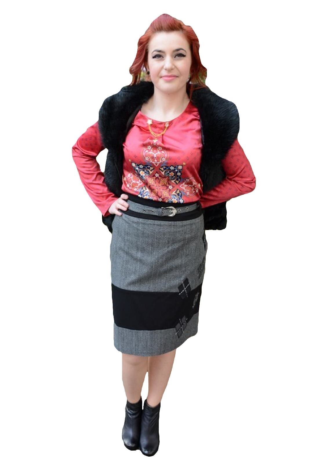 Fusta casual din tesatura groasa cu design de romburi, D&J Exclusive, Gri