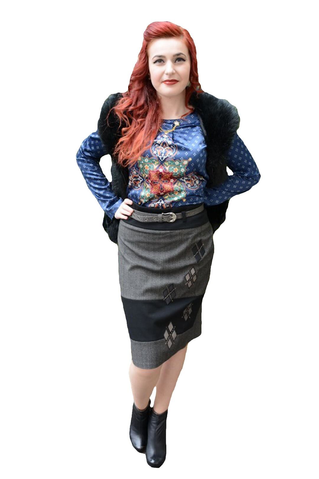 Fusta casual din tesatura groasa cu design de romburi, D&J Exclusive, Maro/Negru