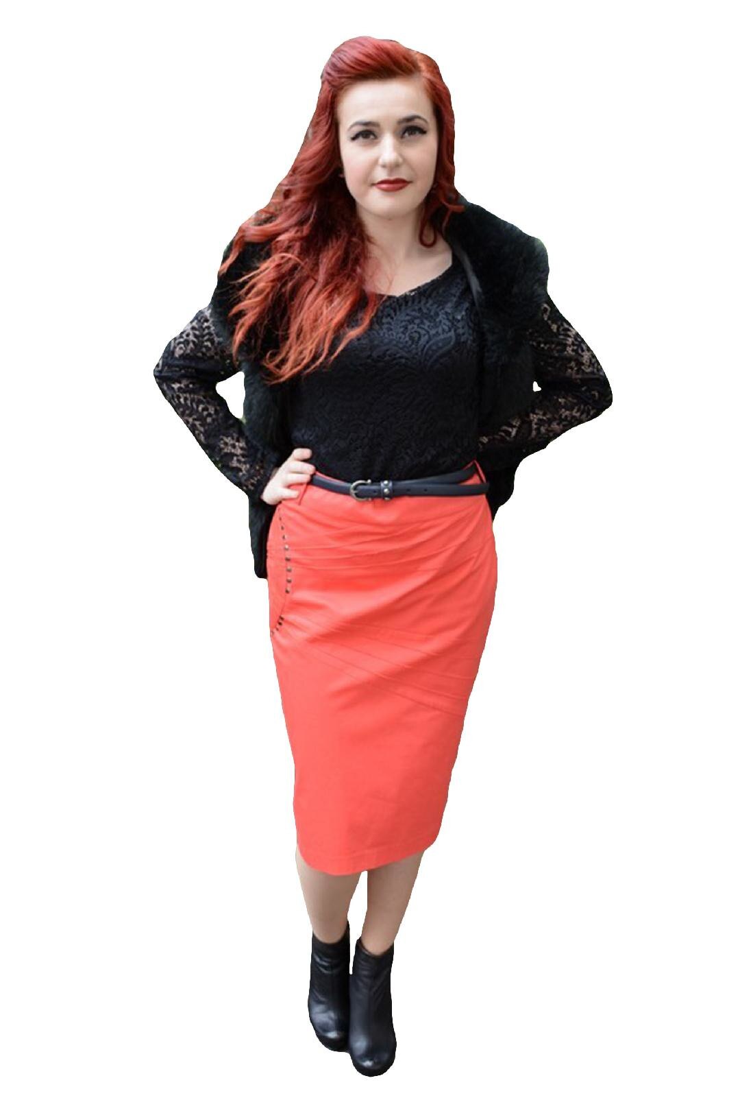 Fusta office deosebita cu model de capse, D&J Exclusive, Corai