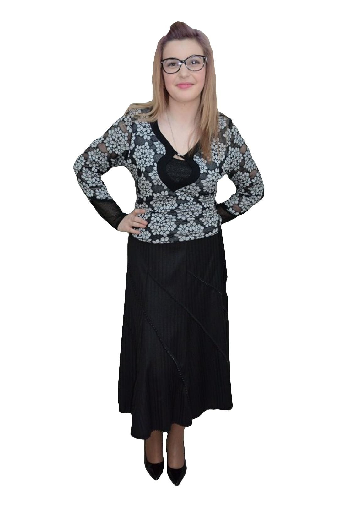 Fusta cu imprimeu dungat clasic si detaliu chic, D&J Exclusive, Negru, 46