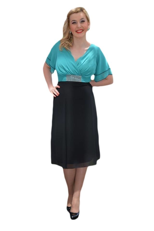 Rochie trendy de ocazie, din voal fin , D&J Exclusive, Negru-turcoaz