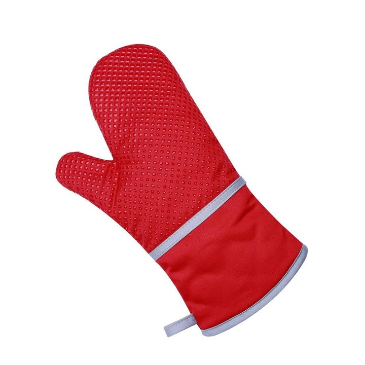 Sütőkesztyű, hőálló 240°C-ig, csúszásmentes szilikon felület, poliészter bélés, hosszú ujj 35 cm, piros, 2 db-os szett