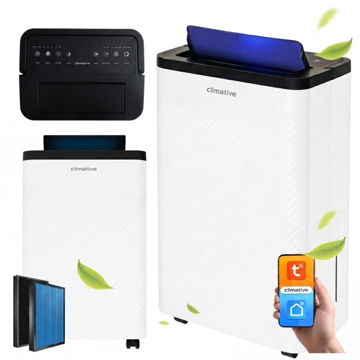 Dezumidificator si purificator aer Climative Nexi ION UV 24 l / 24h, WiFi Tuya Smart Home, HEPA, carbon activ, afisaj digital, uscator rufe, 170 m³/h, pana la 40 m², alb