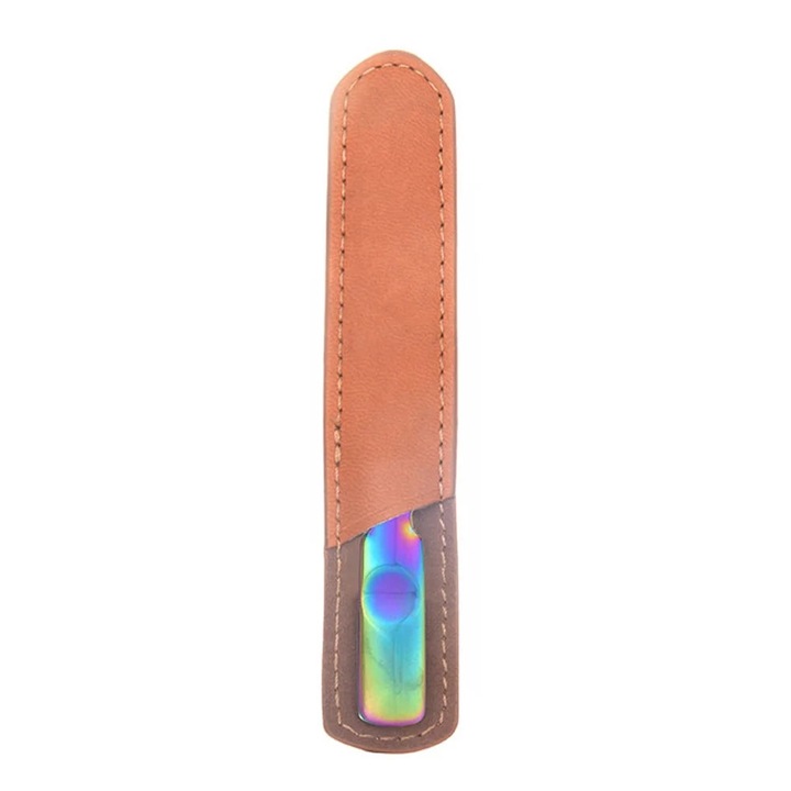 YANYXR BCS3235348 körömreszelő, kétoldalas, 420-as rozsdamentes acél, rövid 9,2 x 1 x 0,3 cm, irizáló (többszínű), barna bőrtokkal