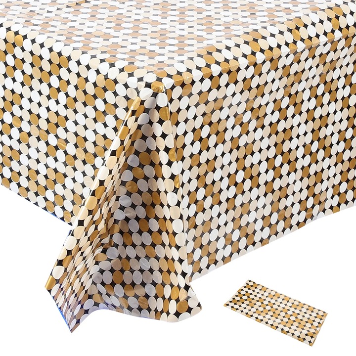 YANYXR BCS3236528 téglalap alakú asztalterítő, műanyag, fényes flitterekkel és kör mintával, Többszínű (arany/fehér/fekete), 274 x 137 cm