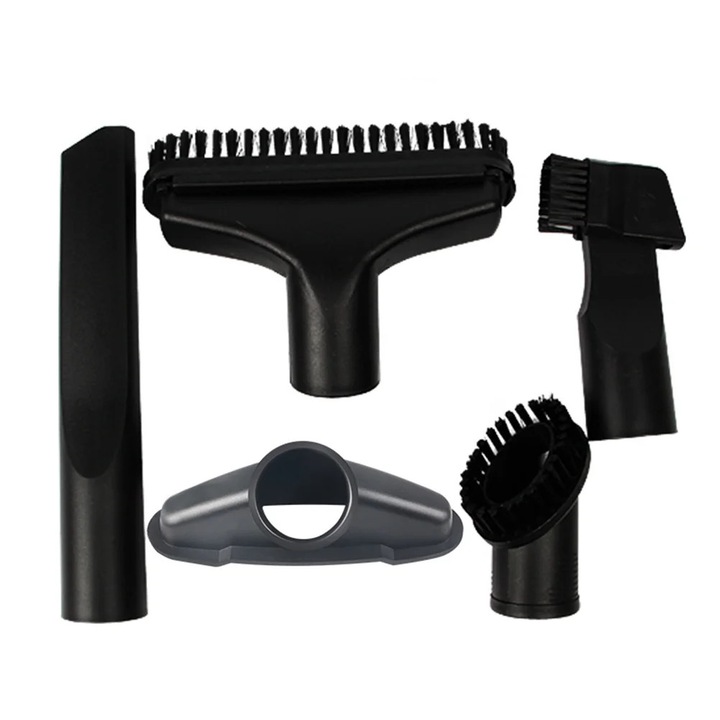 Set accesorii pentru aspirator YANYXR BCS3238307, 5 piese (perie podea duala, perie rotunda, perie tapiterie, duza pentru rosturi, adaptor), compatibil O32 mm (1 1/4"), negru