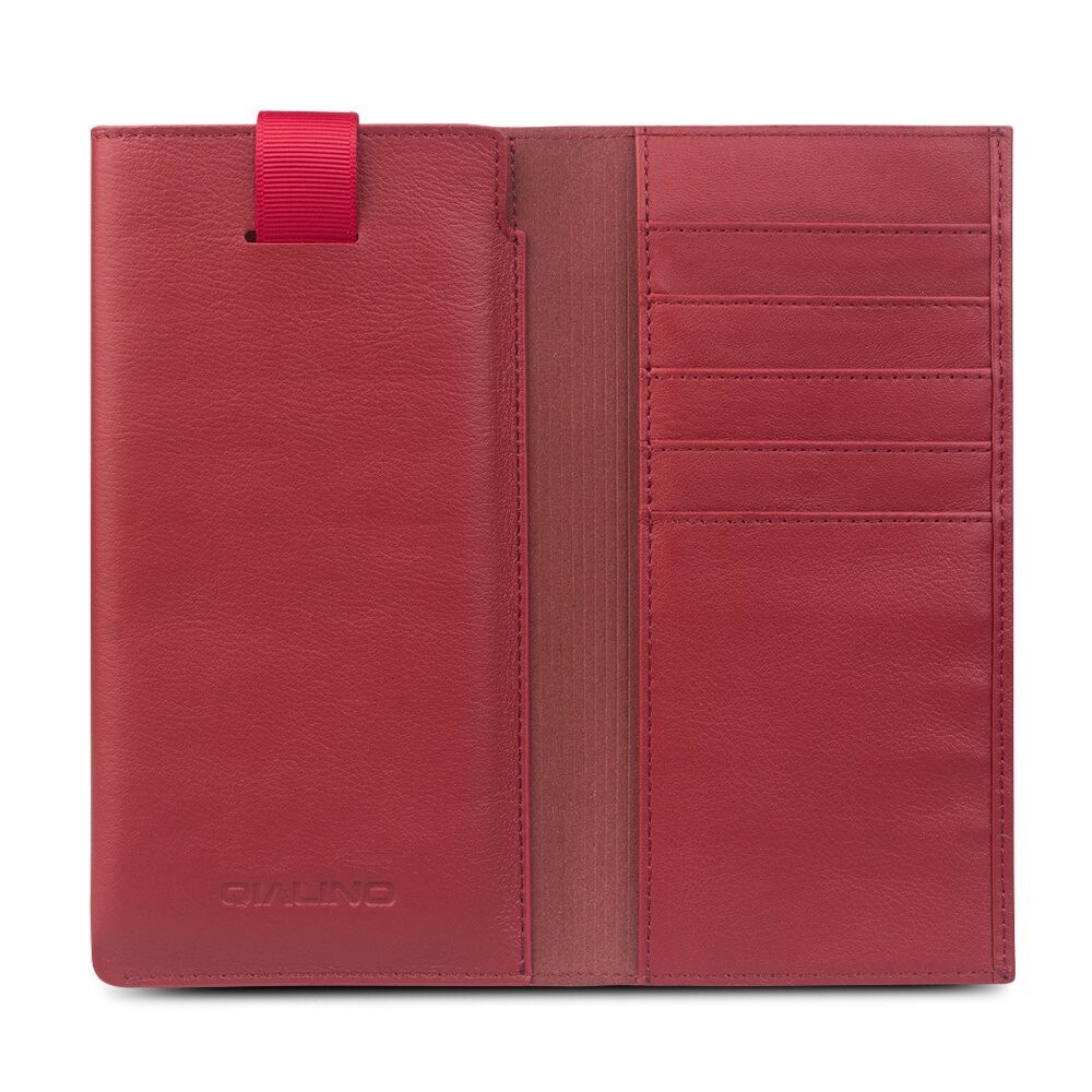 Husa iPhone 12 Mini, SE 2 (2020), iPhone 8, iPhone 7, iPhone 6 / 6s, tip saculet + portofel, Qialino, din piele naturala moale, culoare Rosu burgund