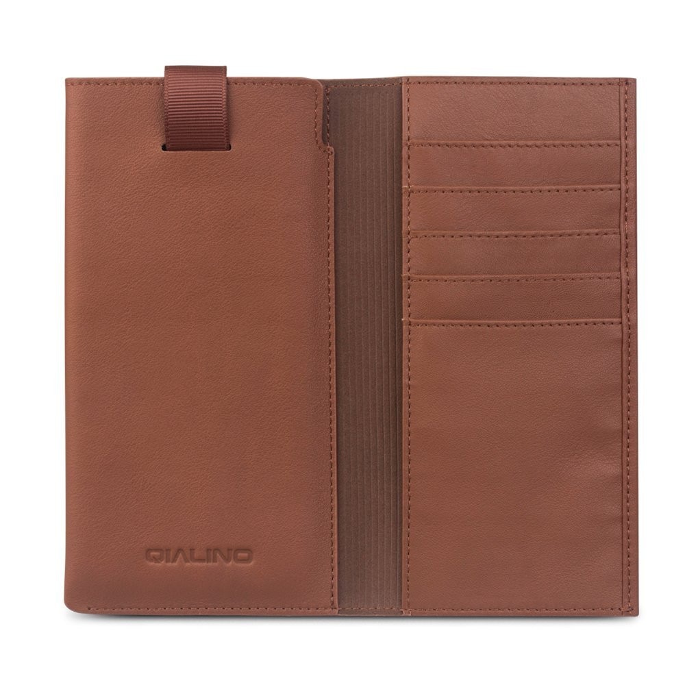Husa iPhone 12 Mini, SE 2 (2020), iPhone 8, iPhone 7, iPhone 6 / 6s, tip saculet + portofel, Qialino, din piele naturala moale, culoare Maro tabac
