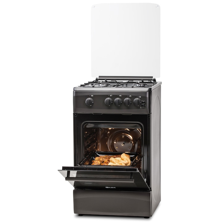 Aragaz LDK 5060 GRAI MAT BLACK RMV, 4 Arzatoare, Capac sticla, Siguranta, Grill, Rotisor, Aprindere electrica, Iluminare, 50x60 cm, 3 ani garantie, Negru mat