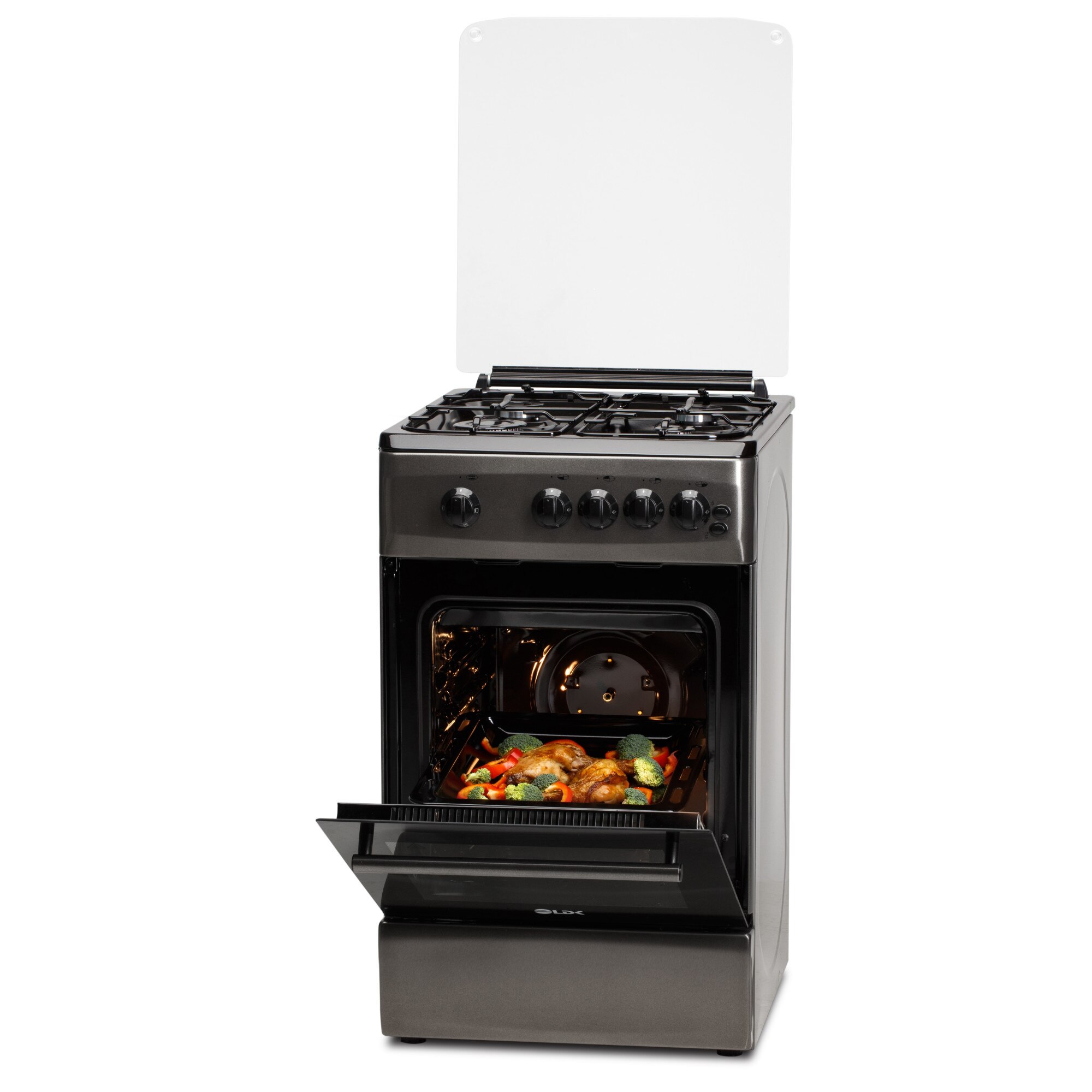 Aragaz LDK 5060 GRAI SHINY GREY RMV, 4 Arzatoare, Capac sticla, Siguranta, Grill, Rotisor, Aprindere electrica, Iluminare, 50x60 cm, 3 ani garantie, Gri, Preinstalare duze NG/LPG