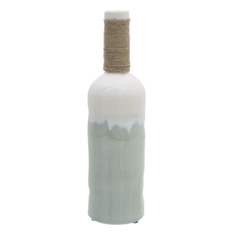 Vaza decorativa din ceramica in forma de sticla de culoare verde si alb