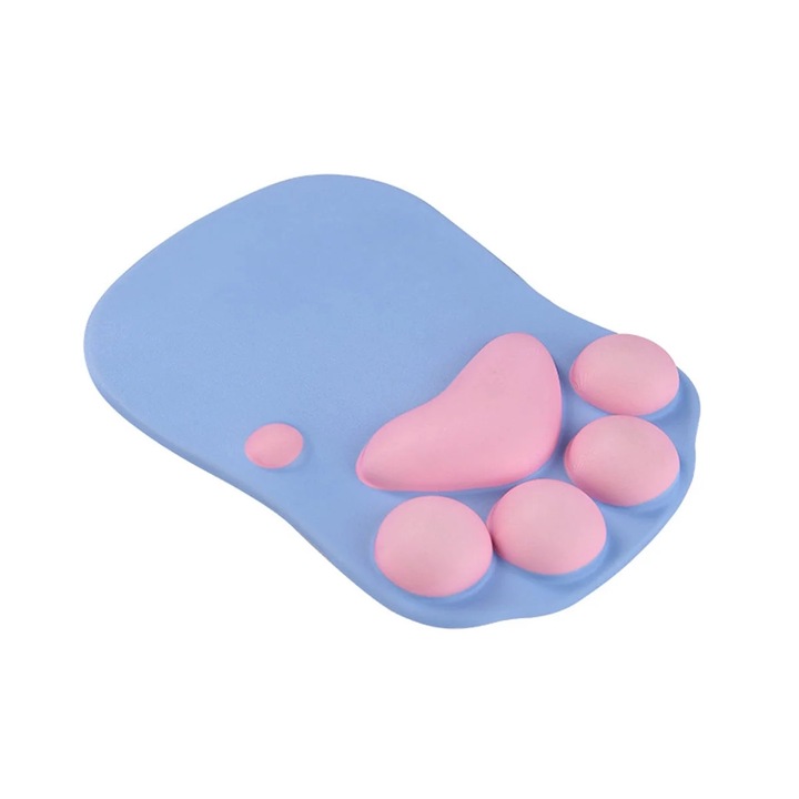 Mouse pad YANYXR BCS3236052, suport ergonomic pentru incheietura din silicon cu design laba de pisica, albastru/roz, 27.3 x 20 x 2.3 cm
