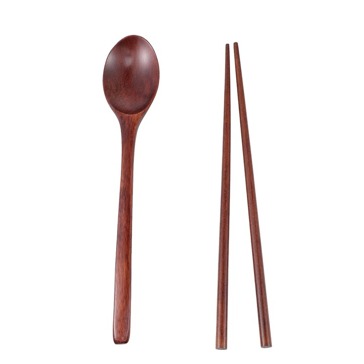 Set tacamuri din lemn (betisoare si lingura) YANYXR BCS3237641, handmade, stil japonez, lemn tratat cu ulei vegetal, maro inchis, 23.5 x 4.5 x 1.5 cm