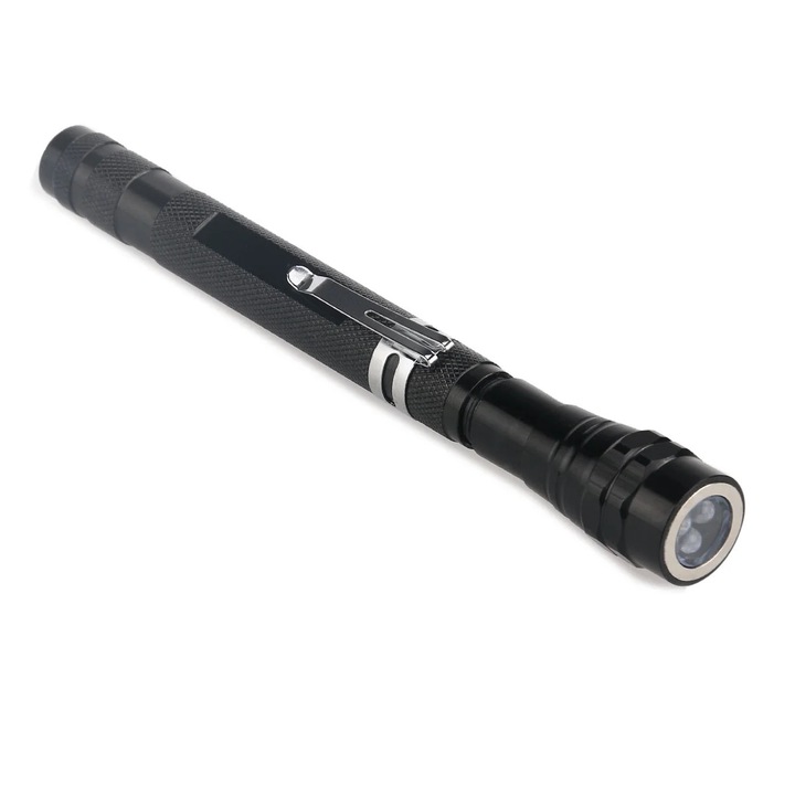 Lanterna telescopica cu 3 LED YANYXR BCS3238529, cap flexibil 360°, magnetizata, extensibila 55 cm, corp aluminiu, negru, 4 x LR44 incluse