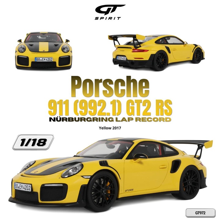Porsche 911 [992.1] GTS2 RS Nurburgring Lap Record autómodell, sárga, 2017, GT972, 1:18, GT Spirit