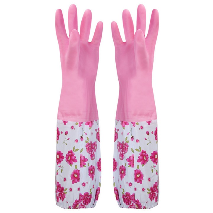 YANYXR, latex mosogatókesztyű plüss béléssel, hosszú mandzsetta virágmintával, rózsaszín/fehér, 48 cm