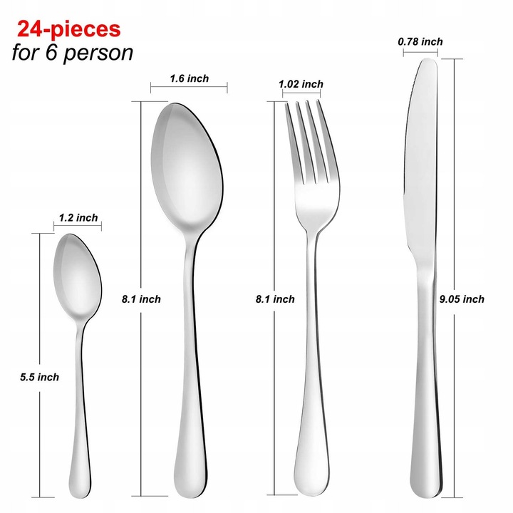 Evőeszközkészlet, Ezüst, 24 részes, Rozsdamentes acél, 6 személyes