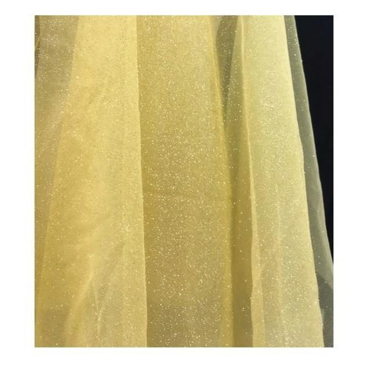 Anyag csillogó háló fátyolhoz K0345-0807-TDCJ-xw1575, poliészter flitterekkel és applikációkkal, puha, arany, 150 cm széles x 50 cm hosszú