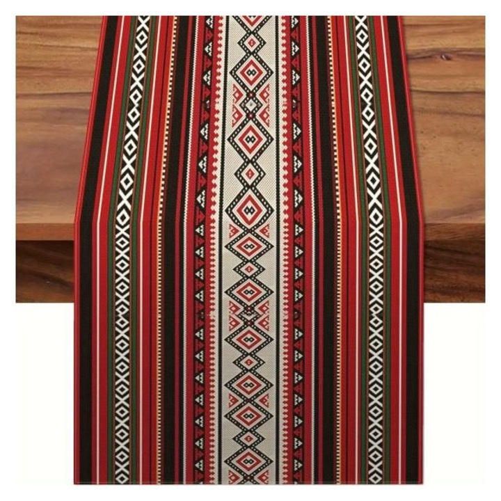 K0345-0807-TDCJ-xw1504 asztali futó, poliészter (nem szőtt), színes geometrikus törzsi design, Többszínű, 90 x 33 cm