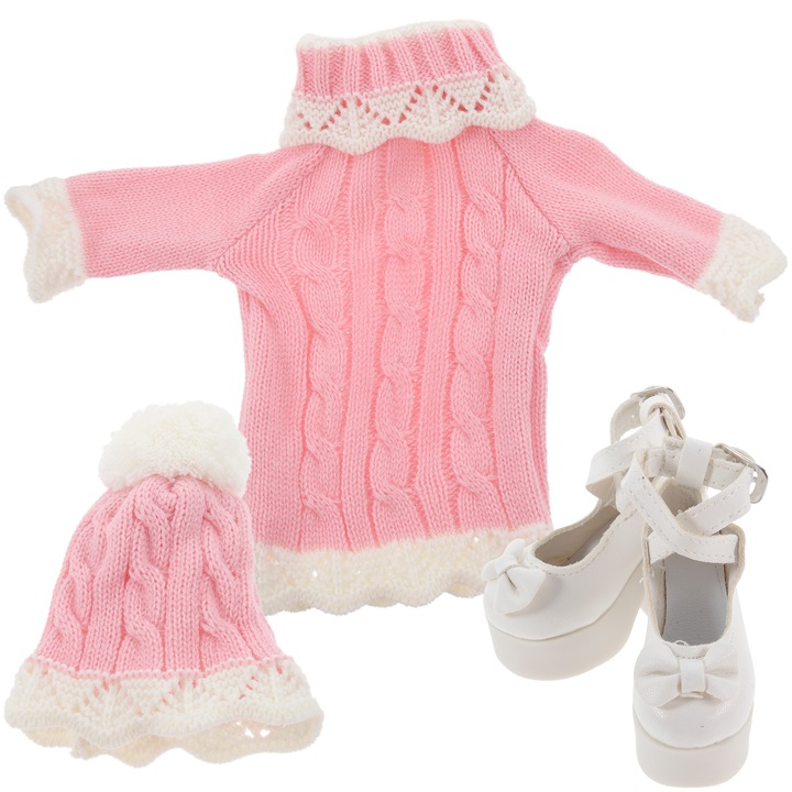YANYXR, Set haine pentru papusi din tricot (pulover, caciula si pantofi) din acril si PU BCS3242830, roz/crem, pentru papusi 60 cm