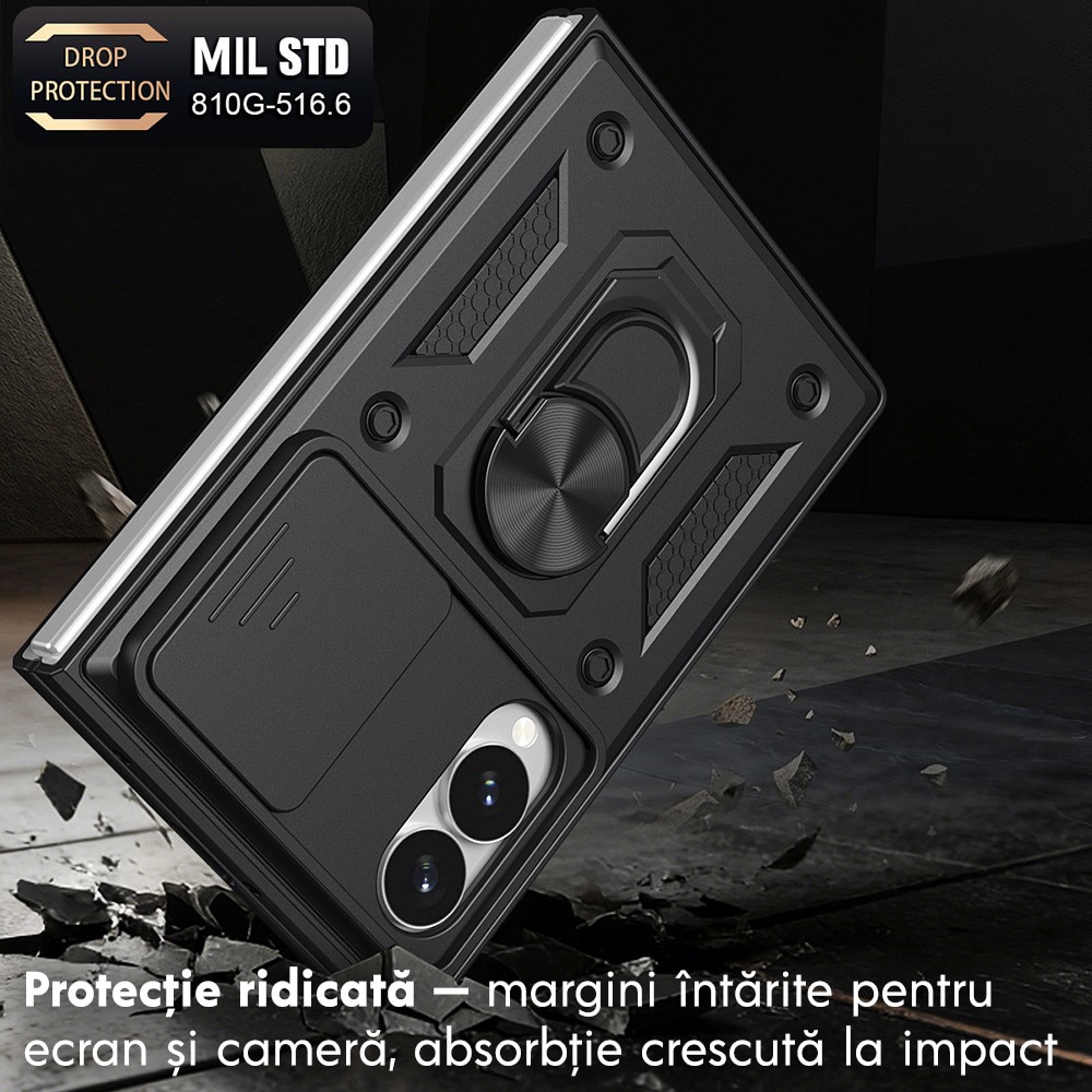 Husa pentru Samsung Galaxy Z Fold 8 cu inel rotativ 360 Daden, Camshield series, Hybrid Antisoc, Slider pentru protectia camerei, Auriu