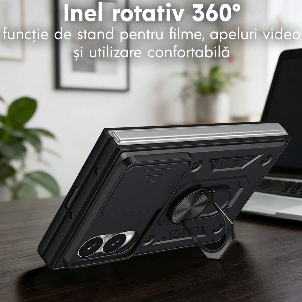 Husa pentru Samsung Galaxy Z Fold 8 cu inel rotativ 360 Daden, Camshield series, Hybrid Antisoc, Slider pentru protectia camerei, Auriu