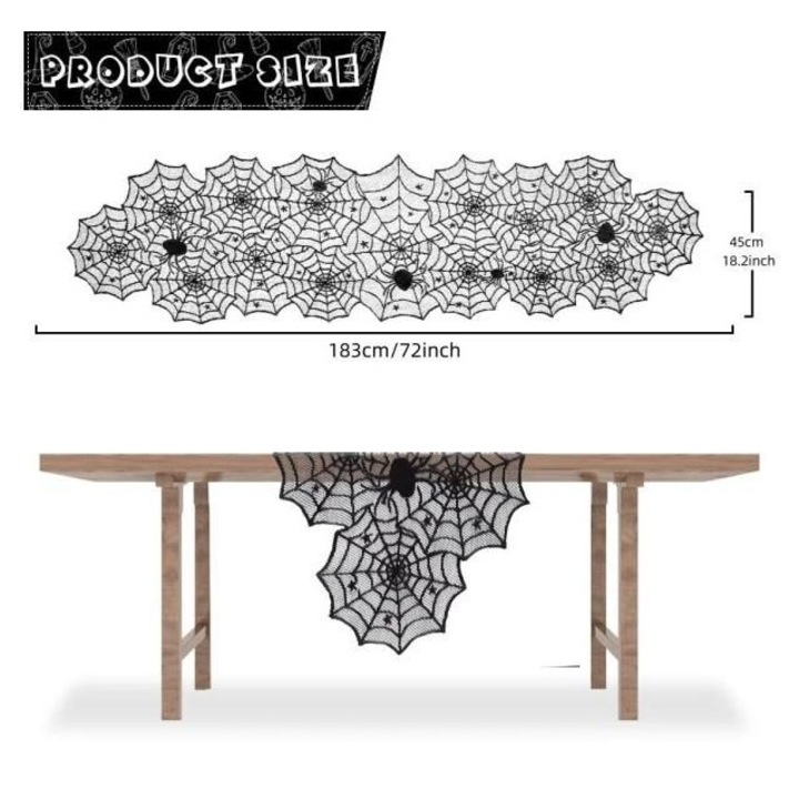 Csipkés asztali futó, pókháló mintás K0345-0807-TDCJ-xw3810, poliészter, 183 x 45 cm, fekete