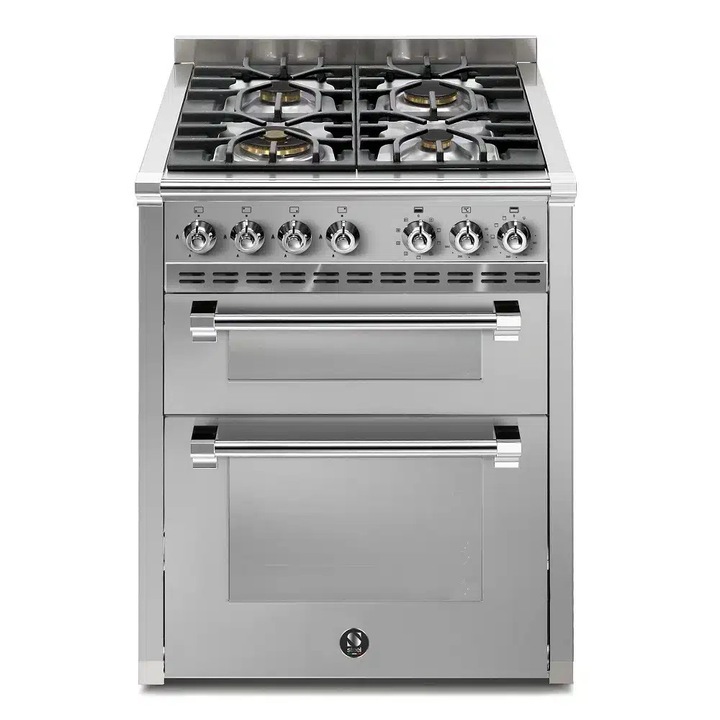 Aragaz pe gaz premium Steel Cucine, colectie Ascot, 70 cm, 4 arzatoare, 2 cuptoare electrice 34/70 litri, consum redus, clasa A, 11 functii, 37 retete prestabilite, gatire cu aburi, mod Eco, autocuratare cu aburi, functie mentinere la cald, timer, inox