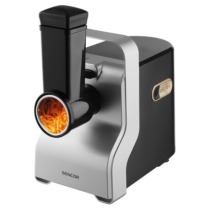 Masina electrica de tocat carne Sencor, Putere 2100W, Metal Gear, 3 Site din otel, Accesoriu preparare carnati, Negru/Argintiu