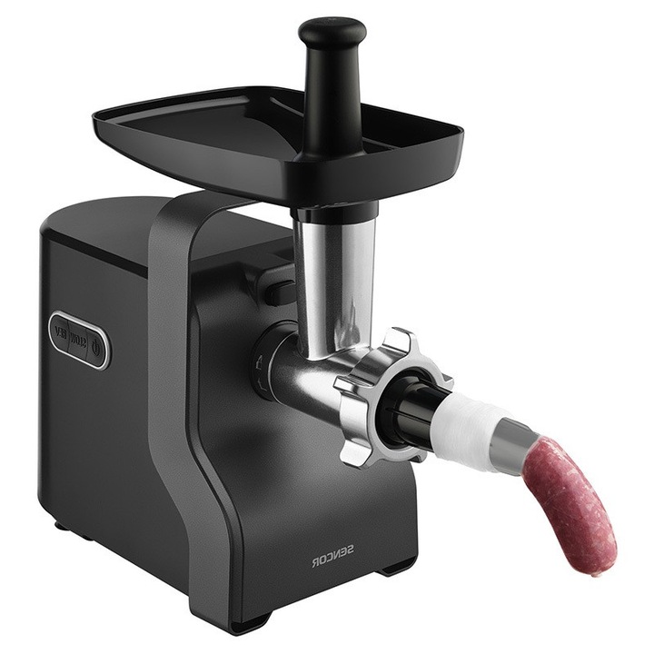 Masina de tocat carne electrica Sencor, 2100W, 1.7 kg/min, Accesorii feliere si razuire, Accesoriu carnati si kubbe, 3 Site, Negru