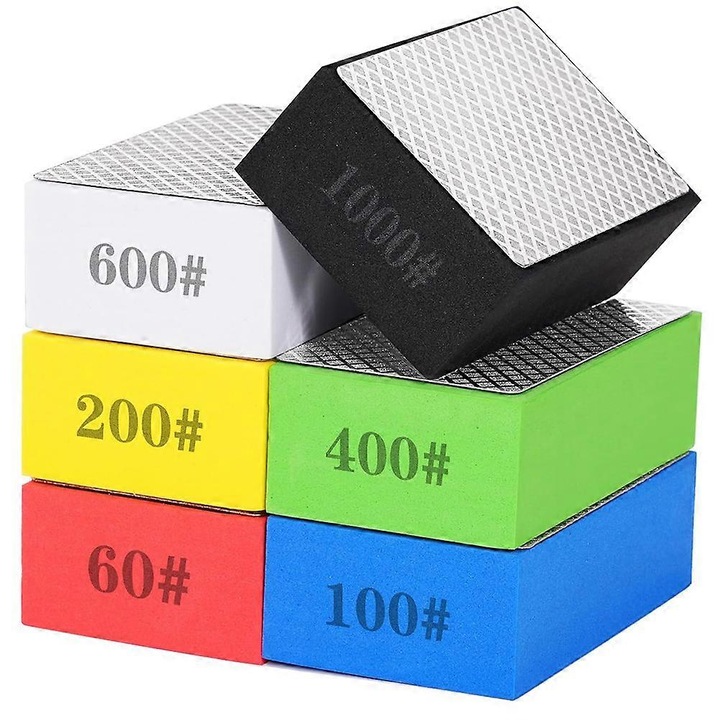 Set 6 paduri diamantate pentru lustruire manuala, granulatii 60/100/200/400/600/1000, pentru utilizare umed/uscat, spuma cu fata electroplacata, multicolor, 3.7 x 2.2 x 1.2 in