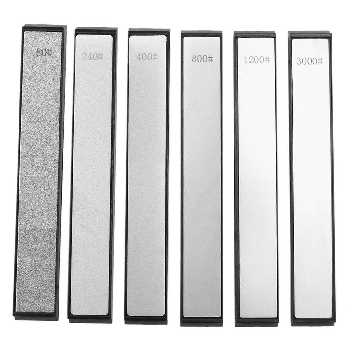 Set 6 pile diamant pentru ascutit cu granulatii 80/240/400/800/1200/3000, argintiu, 23 x 8 x 162 mm