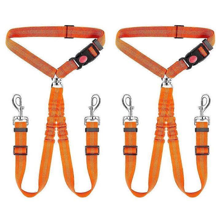 Centura de siguranta pentru caini FG123K0225-260806-351, reglabila cu amortizor elastic bungee, sistem rotativ 360° anti-incurcare, catarama quick-release blocabila, cusaturi reflectorizante, poliester, portocaliu, set 2 buc.