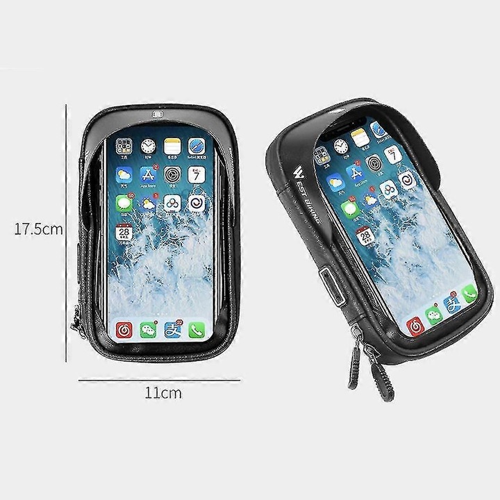 Husa suport pentru telefon pe ghidon, rezistenta la apa, fereastra tactila TPU 160×85 mm, rotatie 360°, buzunar cu 3 sloturi card si orificiu cablu, negru, 17.5 x 11 cm, FG123K0225-260806-1700