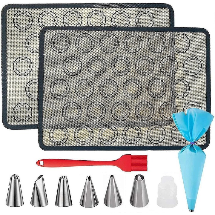 Set mat de copt din silicon pentru macaron, antiaderent din fibra de sticla, rezistent pana la 250°C, 2 bucati, bej/negru, include accesorii pentru ornat