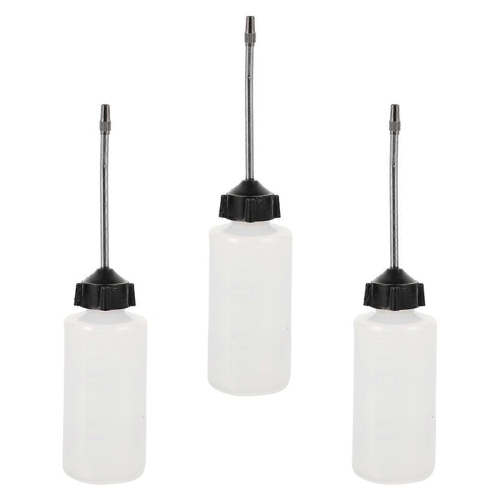 Set de 3 sticle dozatoare pentru ulei masina de cusut, plastic cu varf metalic, translucid/negru, 20 x 4.5 x 4.5 cm