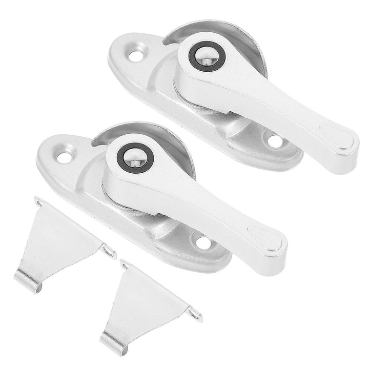 Set 2 incuietori pentru ferestre si usi, semiluna cu carlig, din otel inoxidabil, argintiu, include 2 incuietori, 2 carlige si accesorii