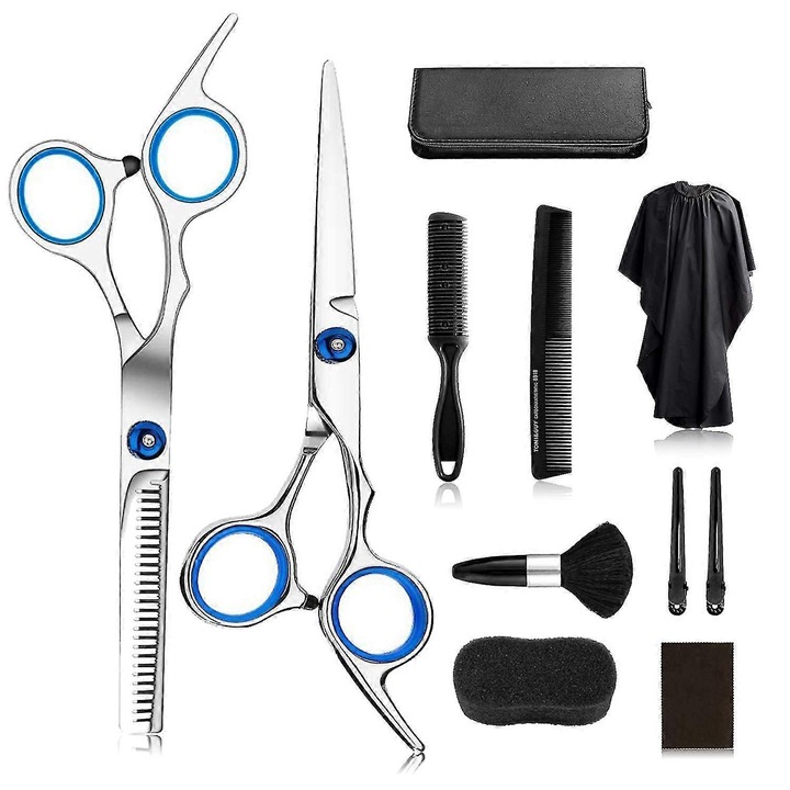 Set pentru tuns par FG123K0225-260806-1572, foarfeci din otel inoxidabil (foarfeca taietoare si foarfeca de subtiat), pelerina, 2 piepteni, perie, 2 agrafe, husa PU de depozitare, Multicolor