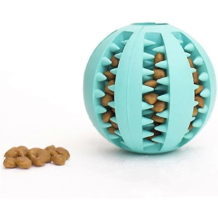 Minge interactiva pentru caini FG123K0225-260806-1845, din cauciuc non-toxic rezistent la muscatura, pentru curatare dinti si distribuire de recompense, turcoaz