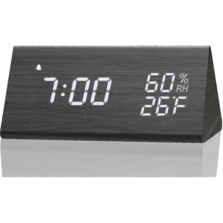 Ceas de masa digital YC-9052, afisaj LED timp, temperatura si umiditate, 3 alarme si control vocal, reglaj luminozitate in 3 trepte, alimentare USB, negru lemn, 150×90×80 mm