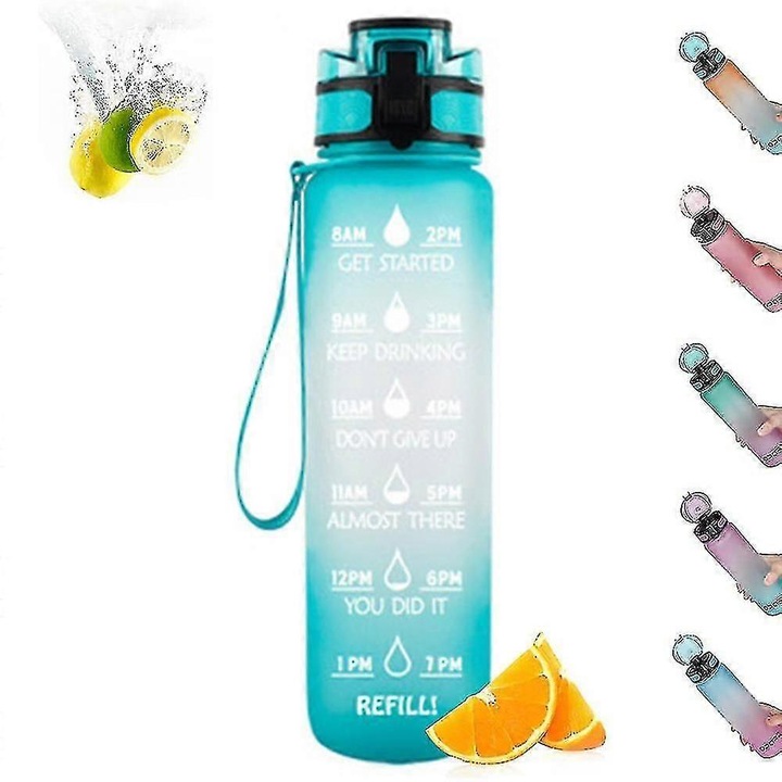 Sticla de apa reutilizabila FG123K0225-260806-1423, cu marcaje orare motivationale si pai, Tritan (PC) BPA-free, etansa, turcoaz, 1000 ml
