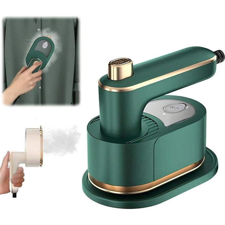 Fier de calcat portabil 3‑in‑1 K0345-0807-KFCJ-xw76, functiune uscata si cu abur, incalzire rapida 10 s, maner pliabil 180°, verde/auriu