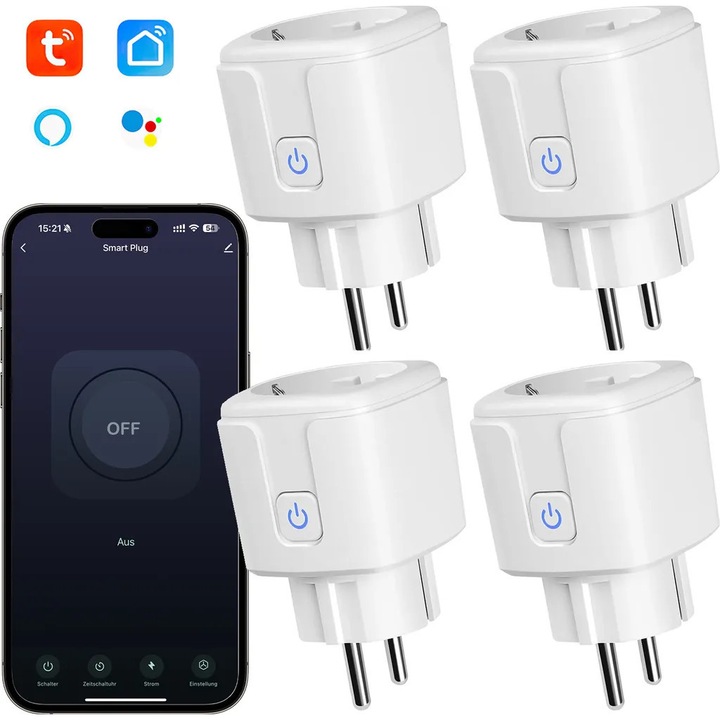Set 4 prize inteligente Wi-Fi K0345-0807-KFCJ-xw1709, masurare consum in timp real, curent max. 16A, Wi-Fi 2.4 GHz, compatibile Alexa/Google Assistant, temporizator si control prin aplicatie, Alb