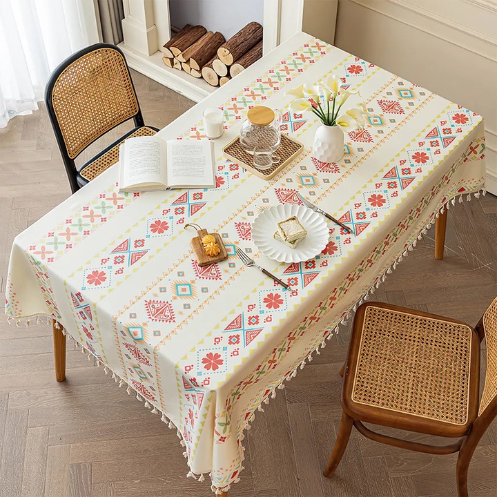 Négyzet alakú asztalterítő K0345-0807-KFCJ-xw2036, poliészter vízálló és olajálló TPU réteggel, boho design csipkével és rojtokkal, piros/fehér, 140 x 140 cm