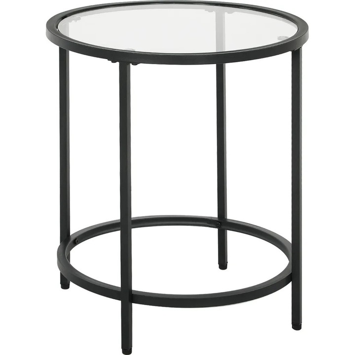 Masa laterala rotunda K0345-0807-KFCJ-xw2458, cadru metalic cu blat din sticla calita, negru, 48 x 48 x 54.7 cm