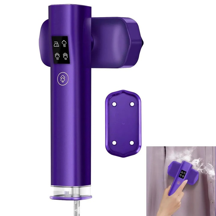 Aburitor portabil pentru haine K0345-0807-KFCJ-xw174, 2 in 1 (fier de calcat manual + abur), 1200 W, 4 moduri, rezervor 100 ml, mov