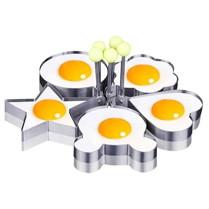 Set 5 inele/forme pentru oua si clatite din otel inoxidabil, modele stea/inima/floare/rotund/picatura, cu manere, argintiu