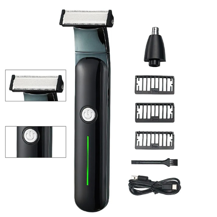 Aparat de tuns 2-in-1 K0345-0807-KFCJ-xw601, reincarcabil, rezistent la apa, cap pentru nas si cap folie, 3 piepteni, USB, negru